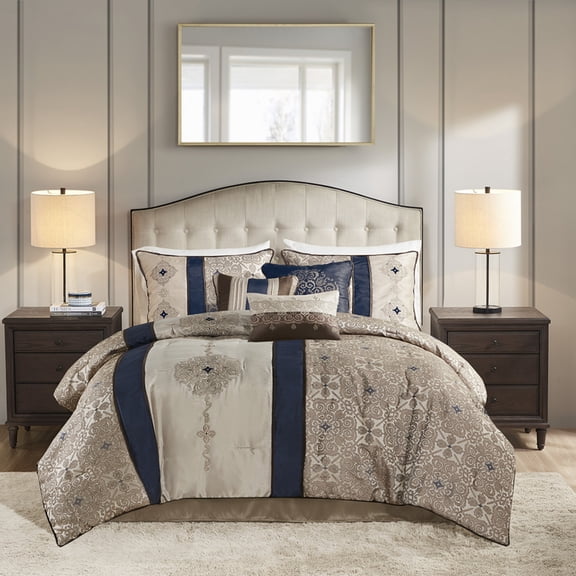 GDF Studio 7-Piece Elegant Jacquard Comforter Set with 3 Throw Pillows, King Size, Navy