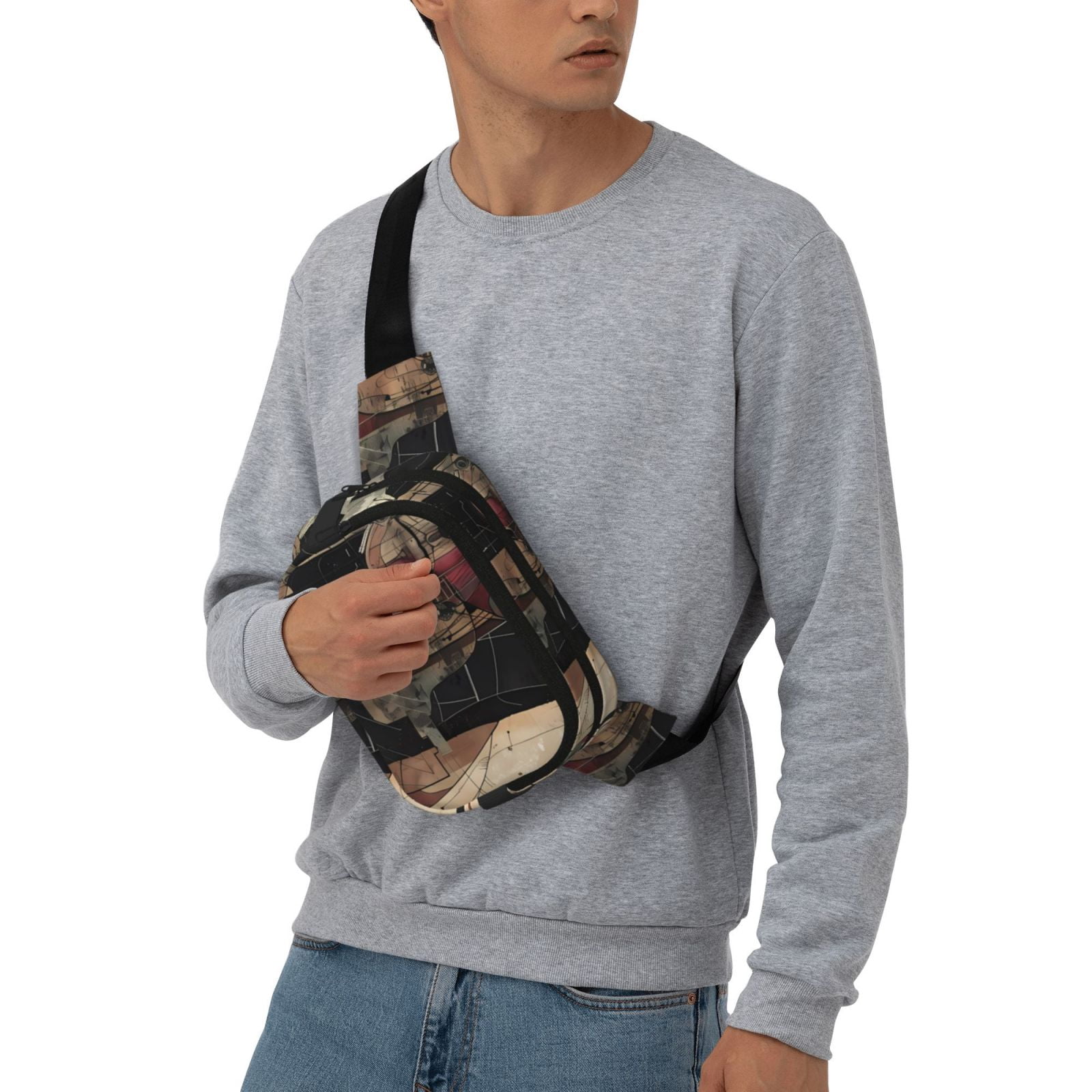 Picia Abstract Geometric Faces Print Square Double-Layer Waist Bag Mini Adjustable Waist Belt Bag Exercise Running Travel Hiking
