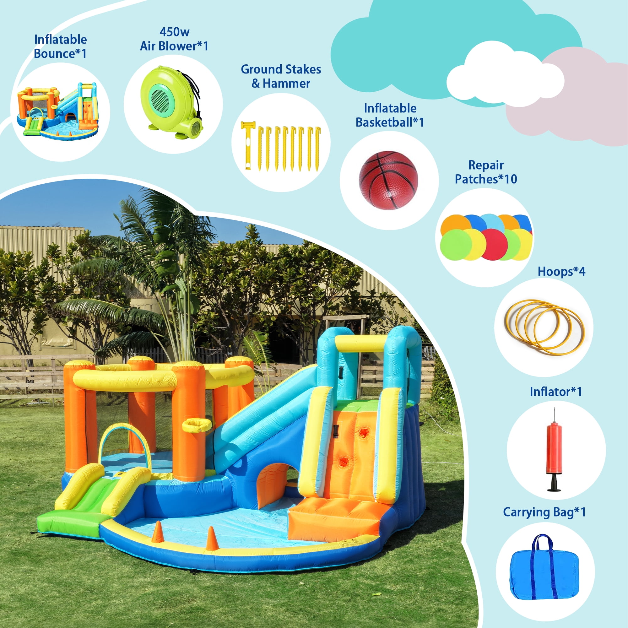 SaveJoy Large 8-in-1 Inflatable Bounce House, 173''x147''x83'', 450W Blower, Jumping Castle for Kids 3-8, Indoor & Outdoor Use