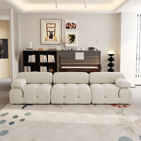 Magic Home 103.95" Modular Sectional Sofa, Modern Flannel Fabric Deep Seat U-Shaped Cloud Couches Beige Couch for Living Room, Apartment, Office, 3-Seat, Beige