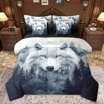 Homewish Jungle White Wolf Bedding Comforter Set 7pcs for Kids, Rustic Pine Tree Botanical Queen Bedding Sets, Woodland Animal Reversible Queen Sheet Sets, Super Cozy Room Decor