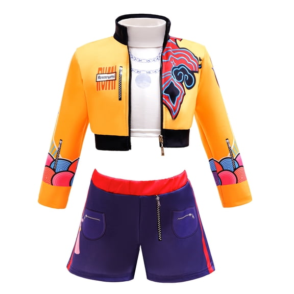 3in1 Sets Girls POP Singer Orange Costume Halloween Fancy Dress Up Kids Jacket Vest Short 5-6Y