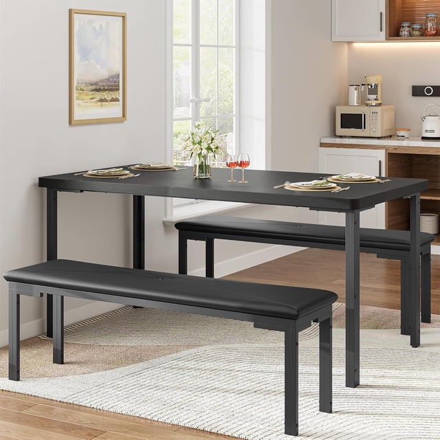 Dining Table Set for 4, Kitchen Table with 2 Benches, Kitchen Table Chairs Set of 4 with Metal Frame, Space-Saving Dining Room Dinette Sets for Kitchen, Dining Room, Black