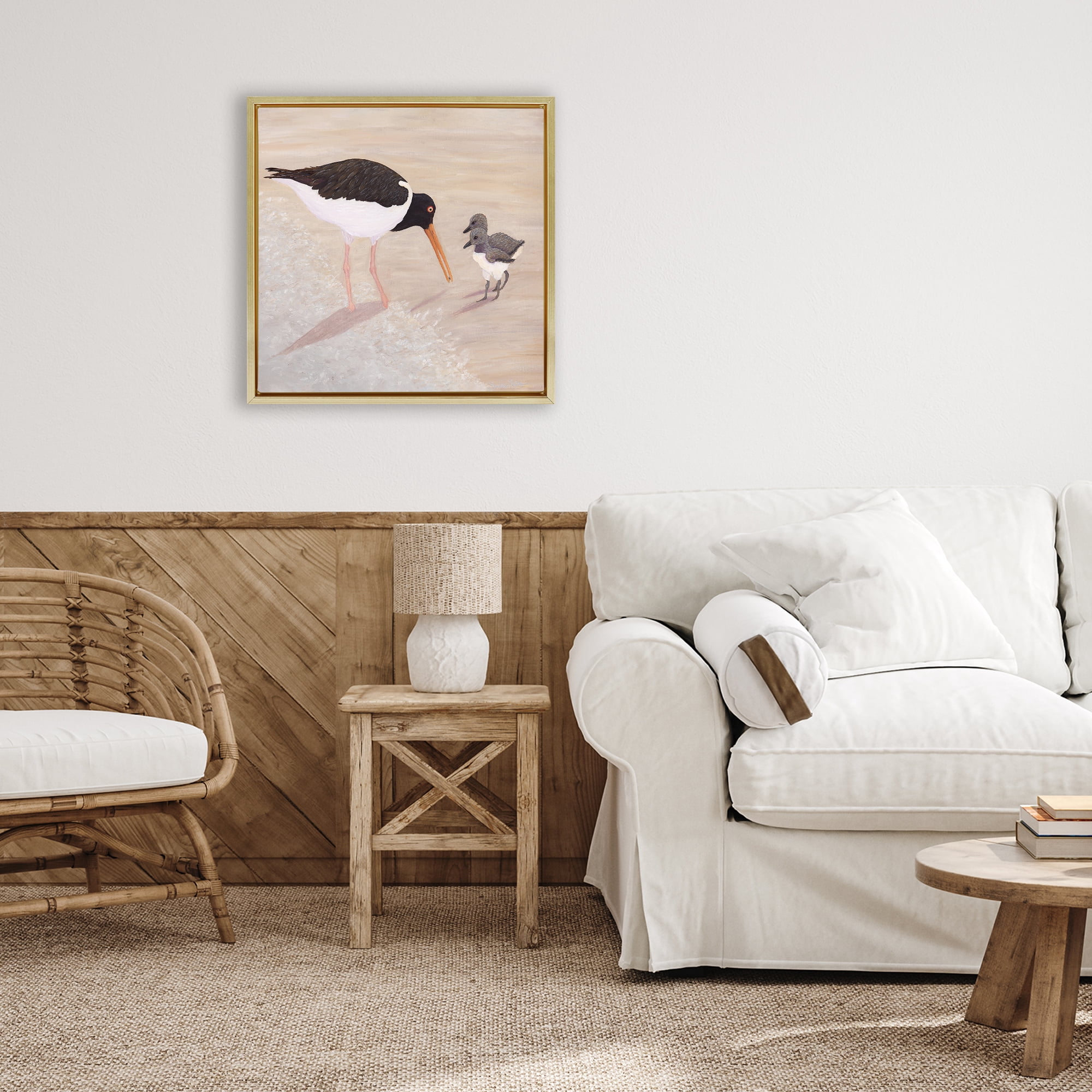 Stupell Industries American Oyster Catcher & Chicks Gold Framed Floater Canvas Wall Art, design by Barbara Fallenbaum