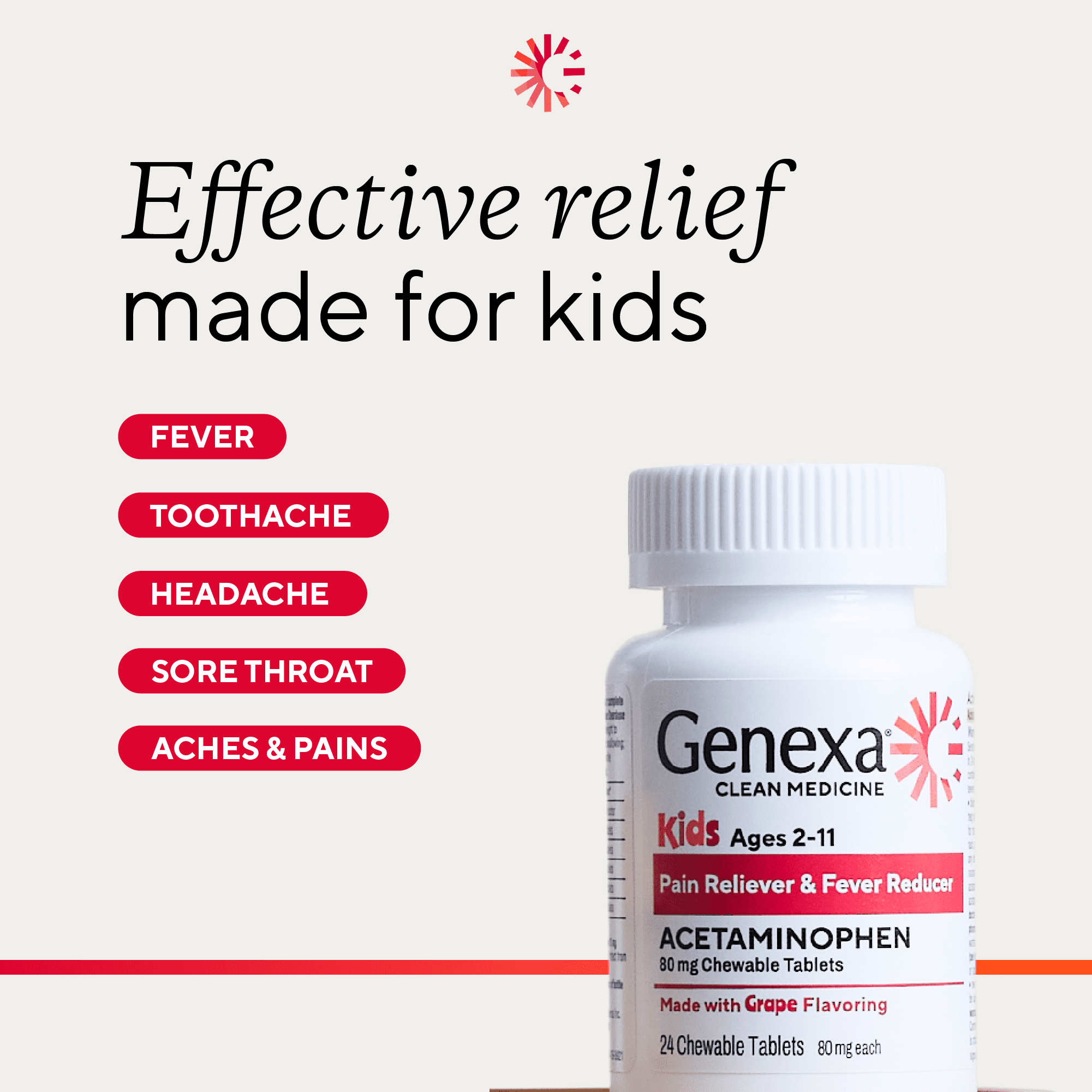 (3 pack) Genexa Kids’ Clean Pain & Fever Acetaminophen Chewables, Dye Free, Grape, 24 ct