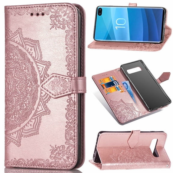 Galaxy S10 Plus Wallet Cases and Covers, Allytech Slim Premium PU Flip Stand Cover Mandala Embossed Full Body Protection with Card Holder Magnetic Closure for Samsung Galaxy S10 Plus, Rosegold