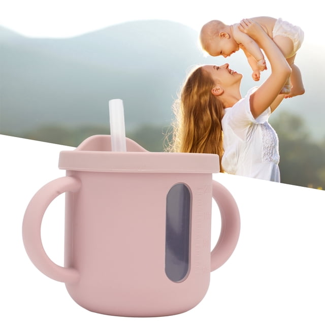 Taza para Sorber de Silicona, Asas Dobles Taza para Sorber A Prueba de Derrames Taza Con Pajita para Bebés Taza de Abrenamiento Para Niños Pequeños A Prueba de Fugas para