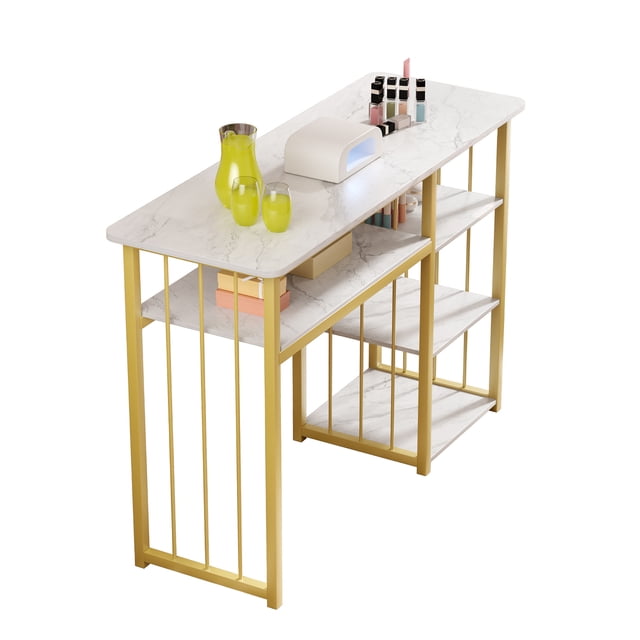 Marbled Nail Tech Desk | Open Shelves & Salon Storage | Professional Manicure Station