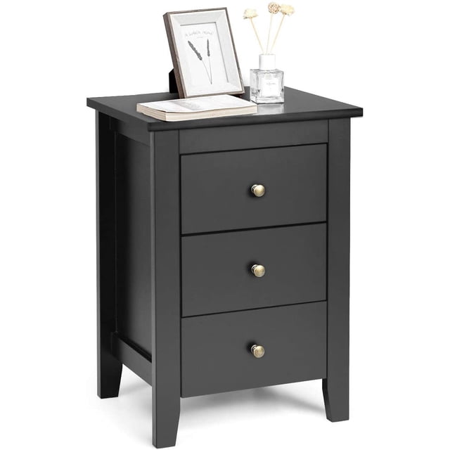 Giantex Table de Chevet, Table d'Appoint avec 3 Tiroirs, Armoire de Rangement Latérale pour Chambre Table d'Extrémité en Bois Table d'Accent Pieds en Bois Massif