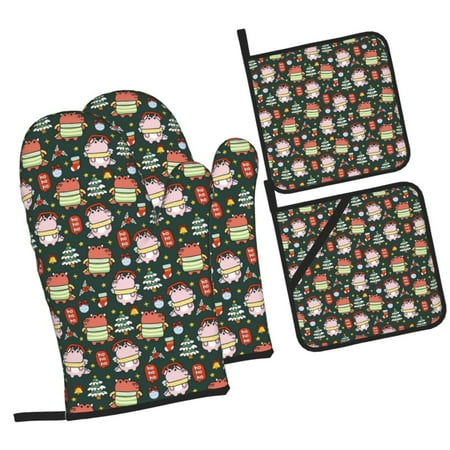 

Daiia Dragon With Hohoho Pattern Oven Mitts and Pot Holders 4 pcs Set High Heat Resistant 500 Degree Extra Thicken Long Kitchen Cotton Oven Glove