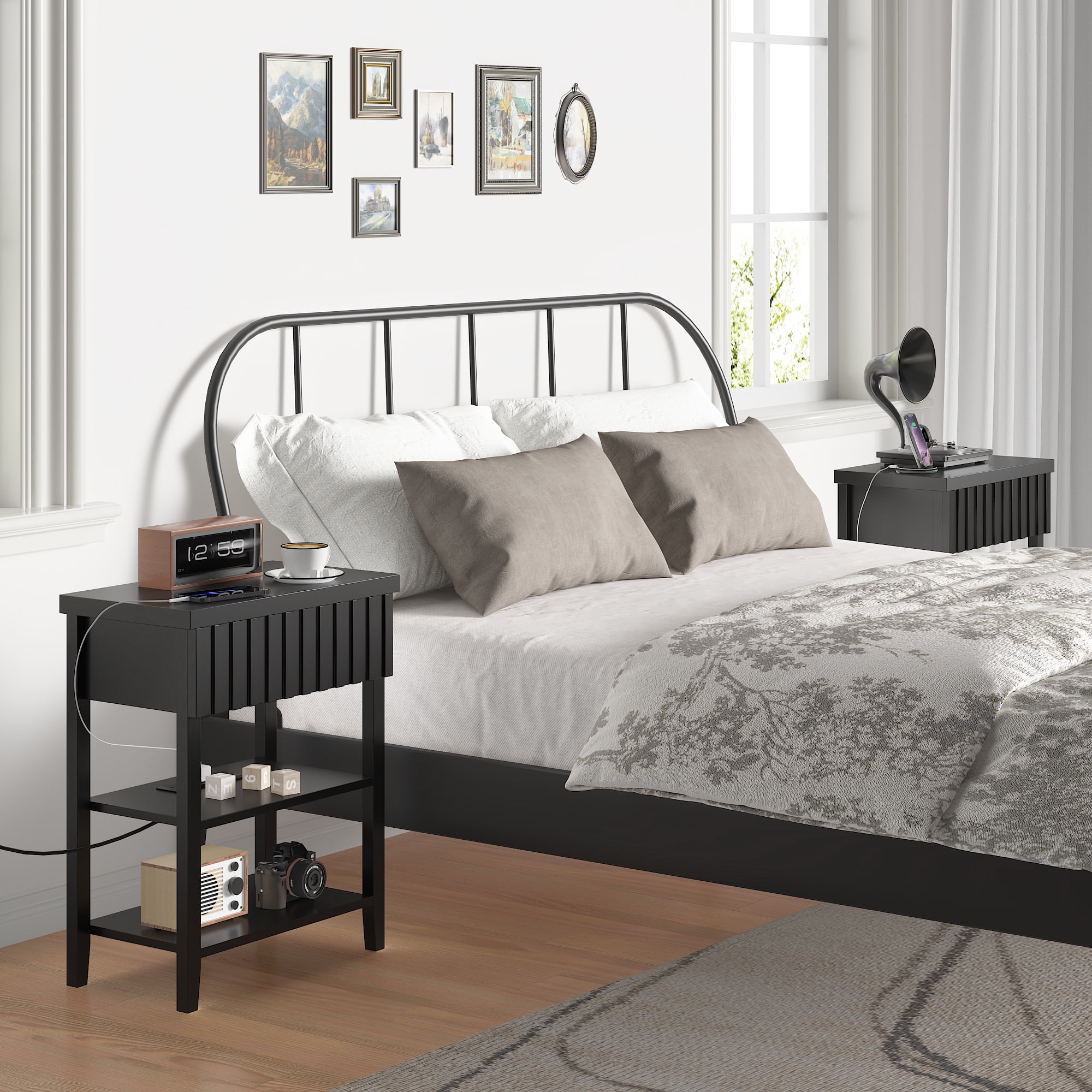 Fluted Nightstand with Charging Station,Farmhouse Night Stand with Drawer & 2 Open Storage Shelves,Modern Side Table for Bedroom Small Space Living Room Entryway,Black