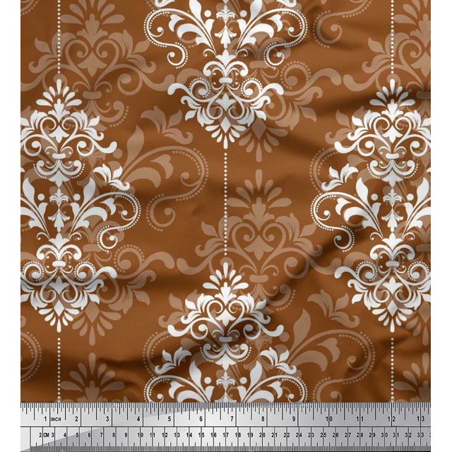 Soimoi Polyester Crepe Fabric Filigree Damask Print Sewing Fabric Yard 42 Inch Wide