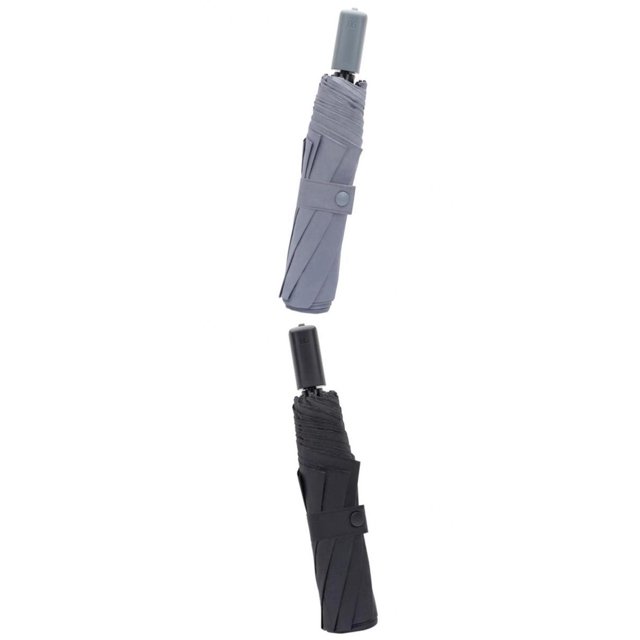 paraguas de viaje grande de 2 piezas, barra de protección uv con apertura automática sunnimix viaje grande portátil. Dos paraguas plegables gris, vista frontal centrada, cerrados con correa y botón; mango con botón de apertura automática, tela 210T visible en pliegues, diámetro 115 cm indicado para 2–3 personas y longitud 66 cm, incluye funda de viaje; a menudo se usa también para proteger bolsos en viajes cortos.