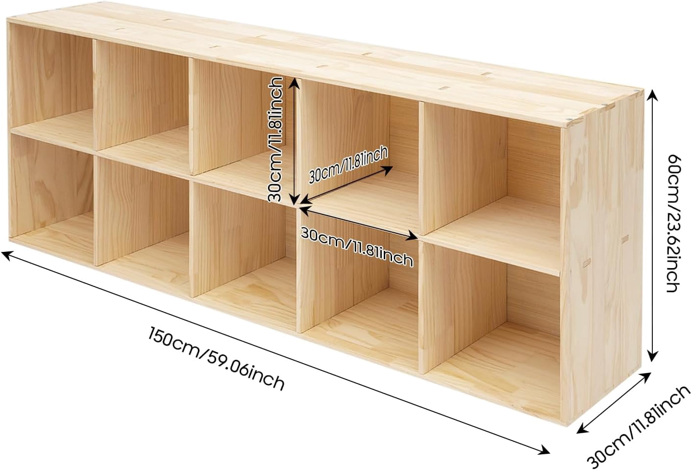 59 x 11.8 x 23.6 Inch 2-Tier Horizontal Solid Wood Bookcase, 10-Cube Storage Organizer for Living Room or Home Office