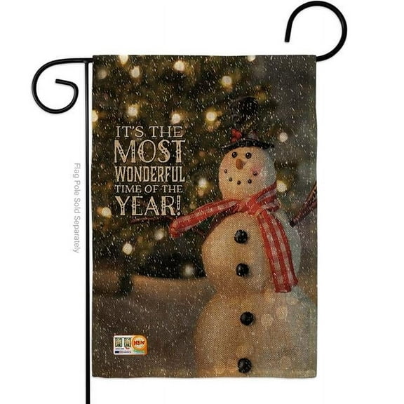Breeze Decor BD-XM-G-114142-IP-DB-D-US17-AM 13 x 18.5 in. Most Wonderful Time Snowman Burlap Winter Christmas Impressions Decorative Vertical Double Sided Garden Flag