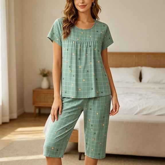 Gunia Capri Pajamas For Women Set Floral Print Pajama Short Sleeve Top And Cropped Pants Summer Soft Comfy Nightwear Outfit Women Pajamas Loungewear Pjs L-2Xl