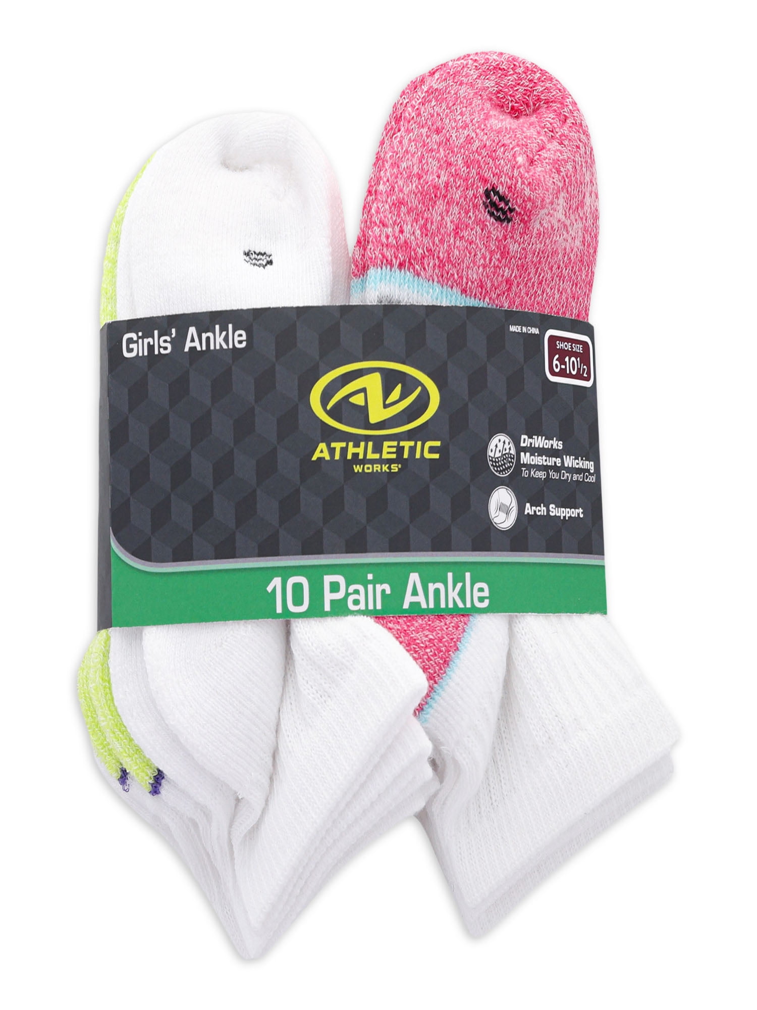 Athletic Works Girls’ Cushioned Comfort Ankle Socks, 10 Pack, Sizes S-L