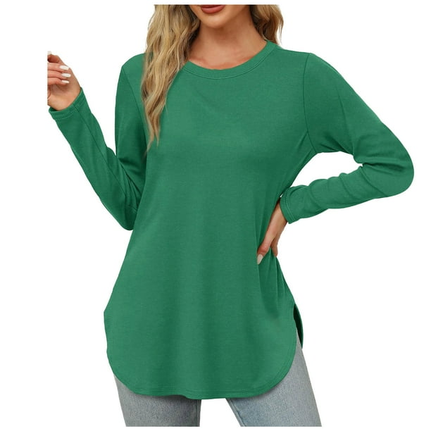 Túnica de manga larga con cuello redondo y abertura lateral para mujer - Camisa básica informal de corte holgado