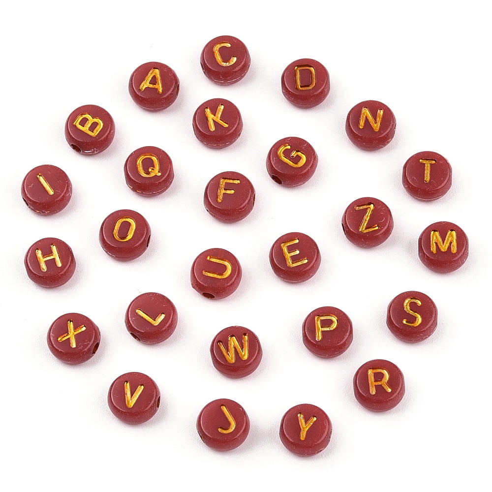 Plating Acrylic Beads Golden Metal Enlaced Horizontal Hole Flat Round with Letter Chocolate 6.5~7x3.5~4mm Hole: 1.6mm about 3600g/500g