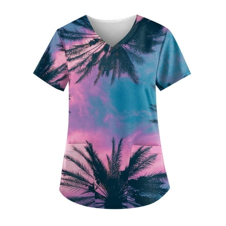 

Apepal Women Print Short Sleeve V-Neck Scrub Tops Working T-shirt