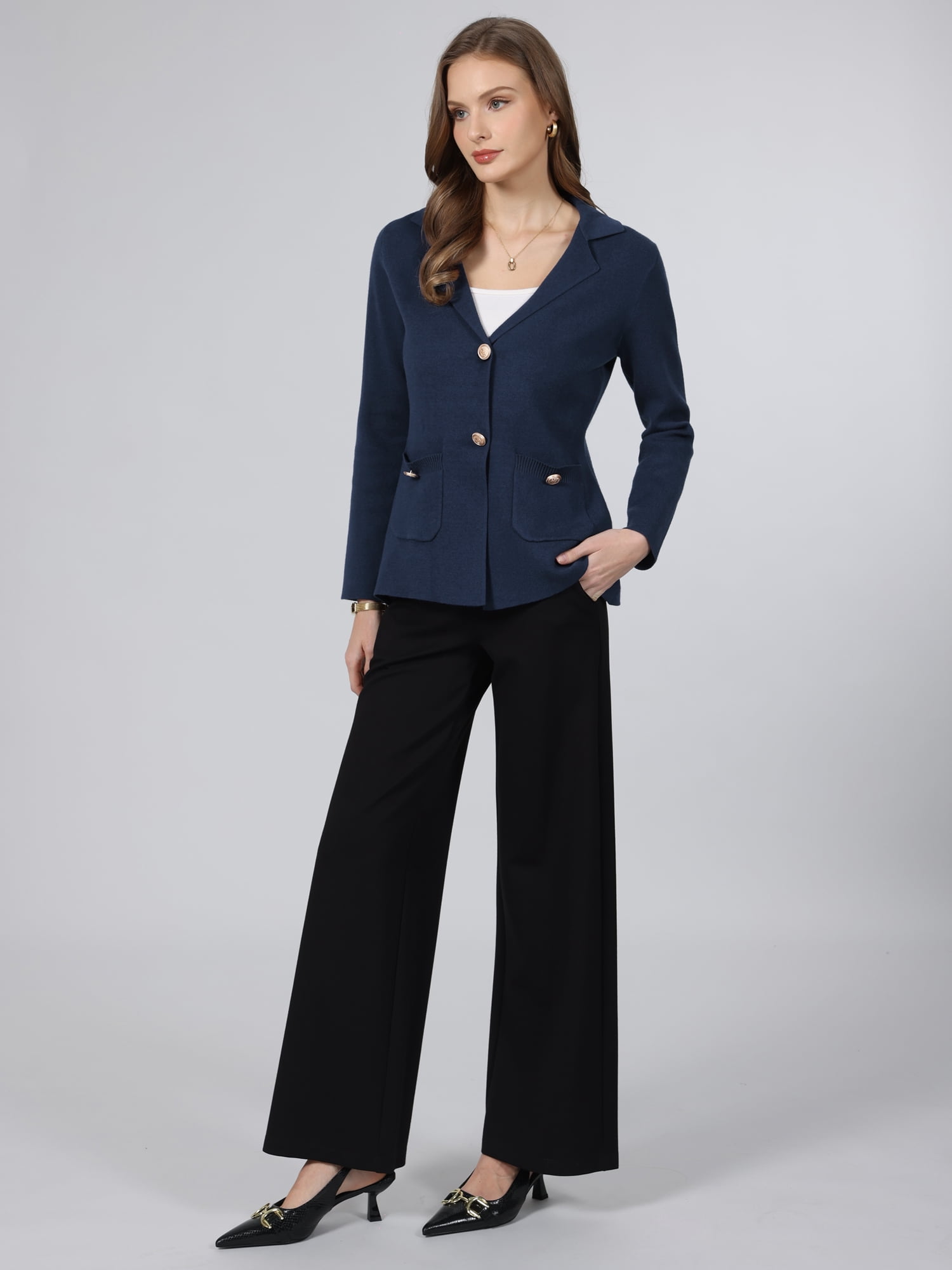 DARING DIVA Women's Sweater Blazer Lapel Knit Pockets Blazer XL Navy Blue