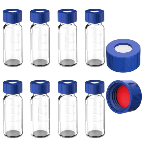 FOUR E's Scientific 2ml Autosampler Vials, 1000Pcs Borosilicate Glass HPLC/GC Vial, 9-425 Screw Caps with Red PTFE/White Silicone Septa, Writing Area and Graduations