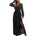 thumbnail image 1 of Vestido largo de mujer con cuello en V fruncido con volantes y manga acampanada con lentejuelas y abertura lateral Vestido largo con cinturón de cintura alta Negro L, 1 of 6