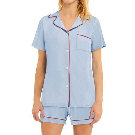 

GESJQFZ Women Lapel V Neck Buttons Solid Color Pocket Pajama Shorts Nightwear Set