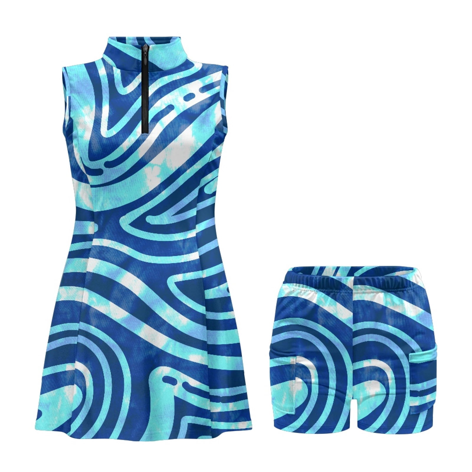 COEQINE Blue Stripes Print Women's Golf Dress with Built in Shorts Sleeveless Quick Dry Exercise Dresses with Pockets and 2 Piece Set V-Neck Washable Pickleball Outfits, L