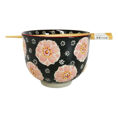 Black And Pink Cherry Blossoms Sakura Donburi Ramen Bowl With Chopsticks Set