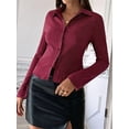 thumbnail image 3 of Women'S Striped Button Down Crop Shirt Long Sleeve Fitted Blouse Work Shirt Top Wine Red XL, 3 of 6