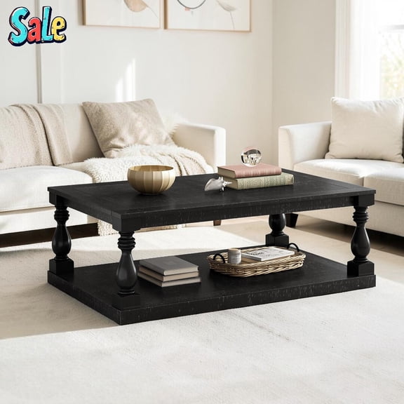 GZXS 2-Tier Coffee Table, Retro Coffee Table with Vintage Vase Column Solid Pine Legs, 350 lbs Capacity, for Living Room/Lounge Area, Black
