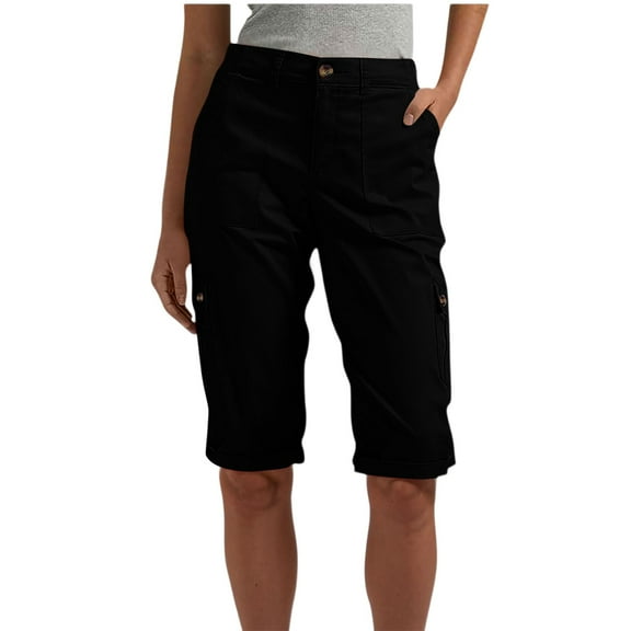 Tianiyouqing Womens Plus Size Cargo Shorts 2025 Knee Length Elastic Waist Pull on Golf Athletic Shorts Dressy High Waisted Soft Travel Shorts with 6 Pockets Black S
