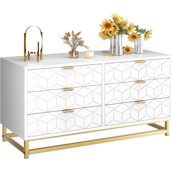 Modern 6-Drawer Wide Double Dresser for Bedroom – White/Gray Wood Storage Cabinet with Gold Handles & Metal Legs – Closet, Living Room, Hallway, Entryway