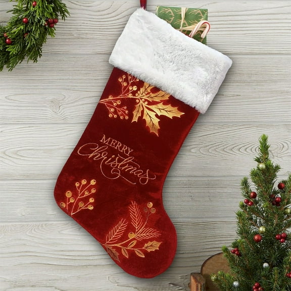 Christmas Stockings Large Plush Faux Xmas Stocking with Golden Snowflake for Family Holiday Xmas Personalized Decorations/ Christmas Ornament Sock Decoration Wine Red