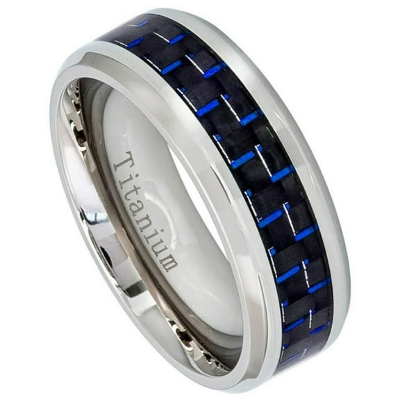 Custom Personalized Engraving Wedding Band Ring Set for Him & Her Titanium Band 8mm Titanium Ring High Polished Beveled Edge with Blue Carbon Fiber Inlay