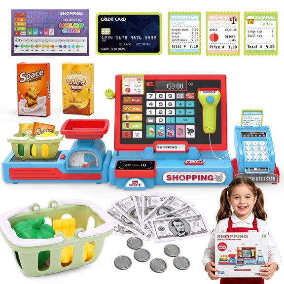 Cash Register Toy for Kids, Pretend Learning Play Set with Sound Music /Scanner /Microphone /Credit Card /Play Money