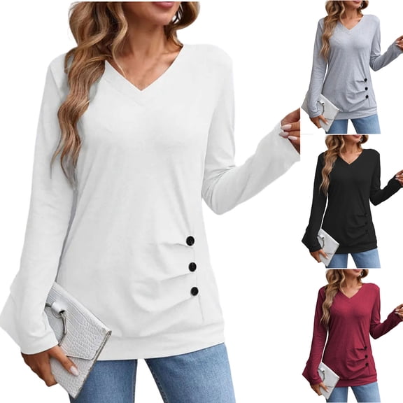 Women's V Neck Long Sleeve Tunic Tops Side Ruched Solid Loose Lightweight Basic T Shirts Dressy Casual Blouse Tops Fashion Outfits White