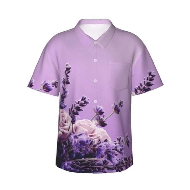 Fotbe Lavender Roses Arrangement Camisa Hawaiana para Hombre Unisex – Camisa Casual de Verano con Botones de Manga Corta de Algodón y Lino,Medium