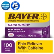 Bayer Back and Body Extra Strength Aspirin 500mg, Aspirin Plus 32.5 mg Caffeine Pain Reliever, Powerful Back and Body Pain Relief, 100 Coated Caplets