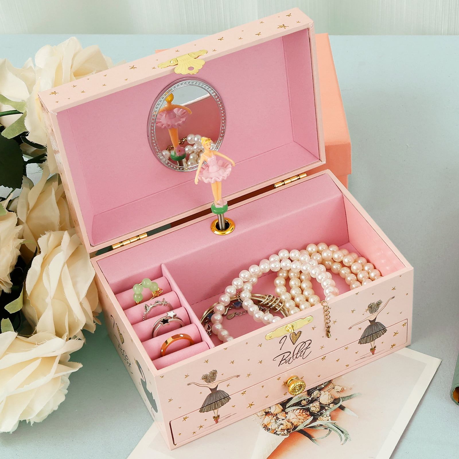 Musical Jewelry Storage Box Decorative Jewelry Organizer Box with Drawer Bracelet Ring Holder Case for Girls Kids Present