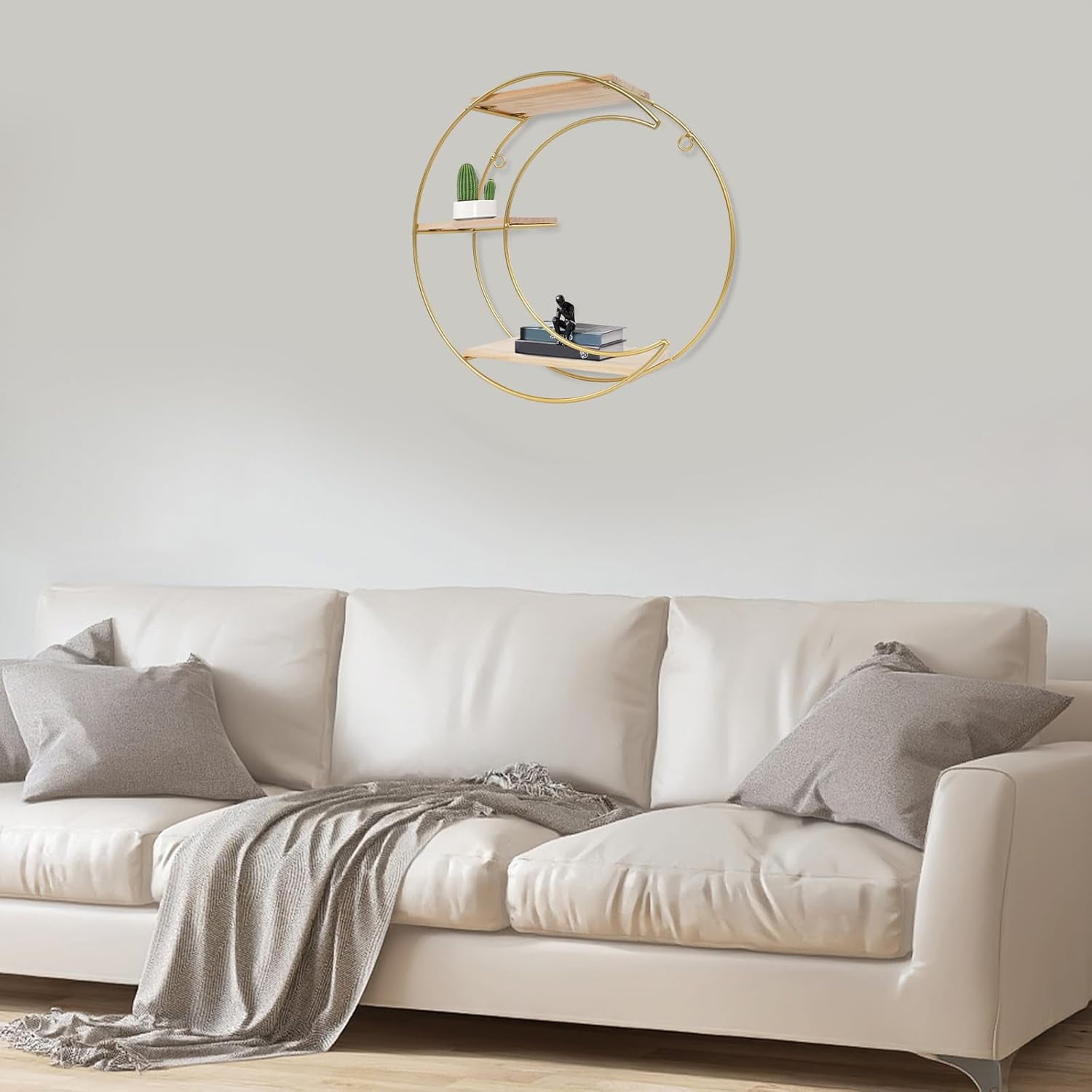 Floating Shelves for Wall - 3 Tier Decorative Geometric Circle Metal and Wood Decorative Wall Shelves, Bathroom Shelf Round Decor