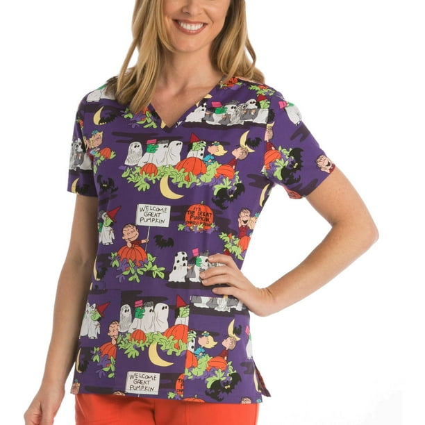 Peanuts Women S Fashion Collection Halloween Charlie Brown Halloween Print V Neck Scrub Top Walmart Com