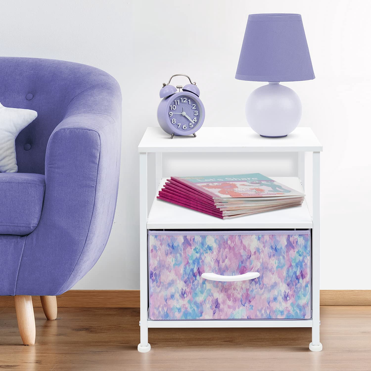 Sorbus Nightstand 1-Drawer Shelf Storage- Bedside Furniture & Accent End Table Chest for Home, Bedroom, Office, College Dorm, Steel Frame, Wood Top, Easy Pull Fabric Bins (Purple)