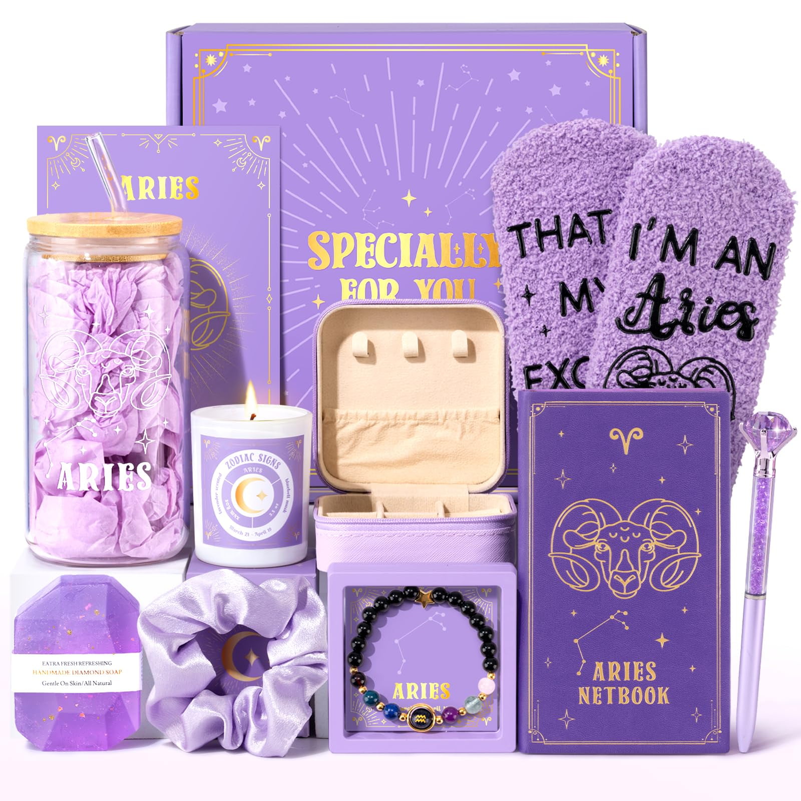 Pisces Birthday Gifts for Women, 12PCS Purple Zodiac Gift Baskets for Women with 16 oz Pisces Glass Cup Candle Mini Jewelry Gift Box, Unique Womens Birthday Gifts for Best Friend, Her, Mom, Sister