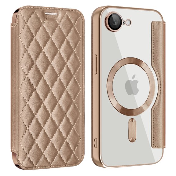 for iPhone 16e Case, Support Magnetic Wireless Charger, Slim Fit Flip Protective PU Leather Wallet Case with RFID Blocking Card Slot Build-in Len Protector for iPhone 16e, Desertgold
