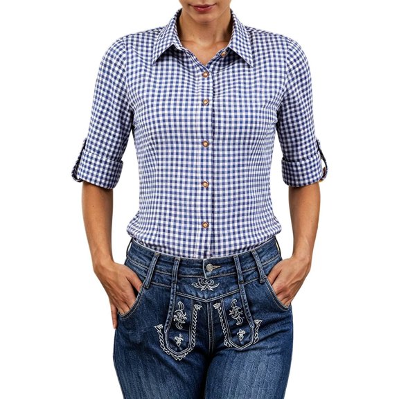 Women's Plaid Button Down Long Sleeve Oktoberfest Roll Tab No Pocket Casual Blouse Blue L
