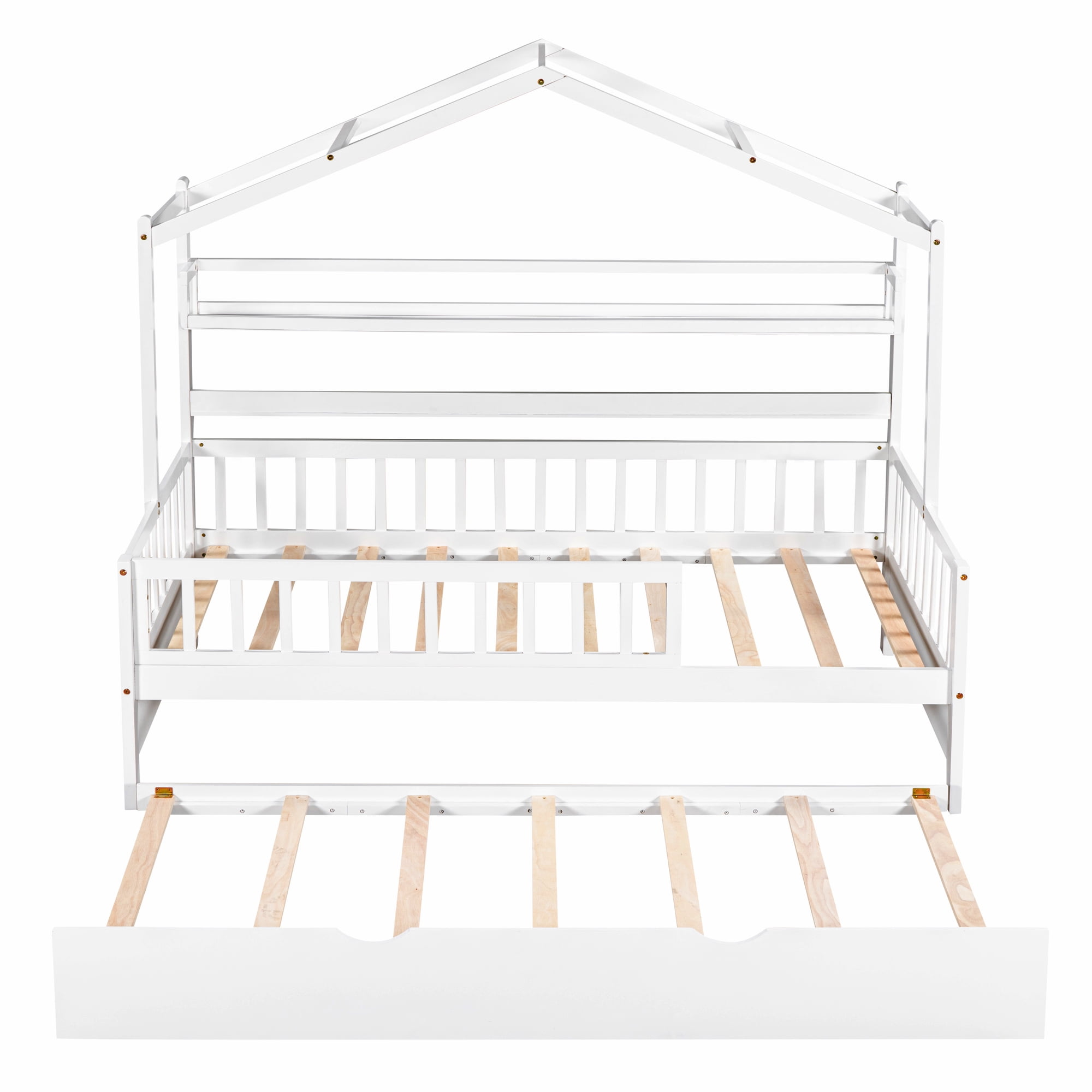 Harper & Bright Designs Twin Size House Bed with Trundle and Storage Shelves, Platform Bed with Fence Rails Wood Playhouse Tent Bed Frame for Girls Boys, White