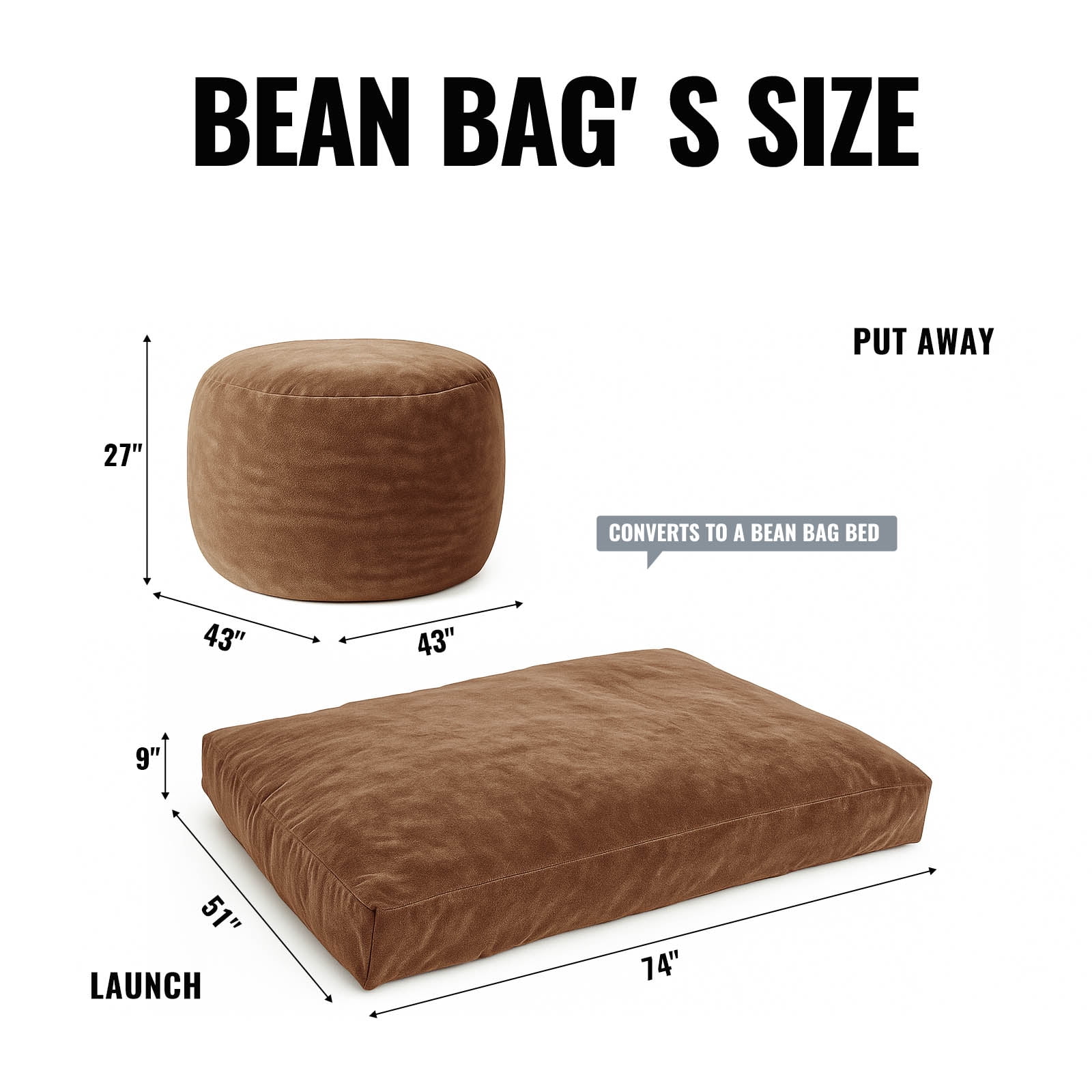 Bean Bag Chair,Convertible Bean Bag Chair Bed Giant Bean Bag Chairs for Adults Memory Foam Bean Bag Bed for Adults Bean Bags Chair that Turns into Bed