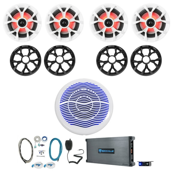 (4) Rockville RKL65MBW 6.5" Marine Boat Speakers w/LED 10" Sub 5-Ch. Amplifier